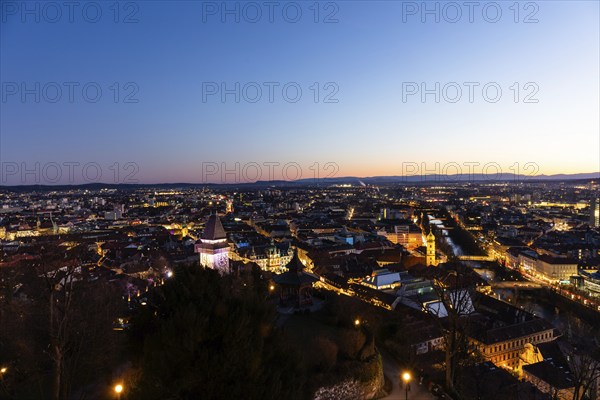 Evening mood, view from the Schlossberg to the clock tower and the historic city centre, Graz, Styria, Austria, Europe