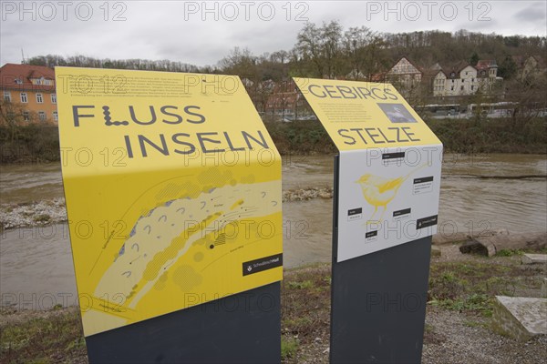 Information board on watercourse restoration in Schwäbisch Hall, Kocher valley, Kocher, Hohenlohe, river, Germany, Europe