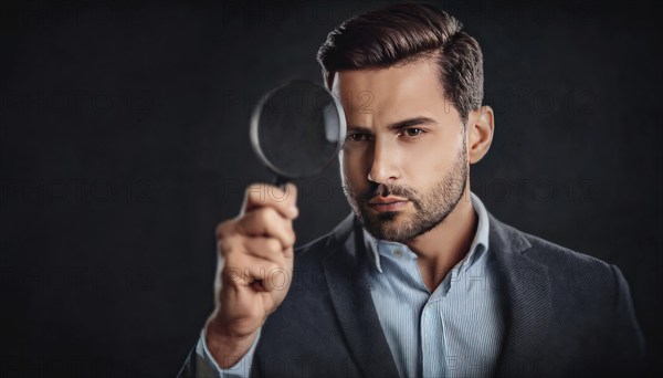 Businessman looking through a magnifying glass with a pensive emotion against a dark background. Investigation, scrutiny, and analysis concepts. AI generated