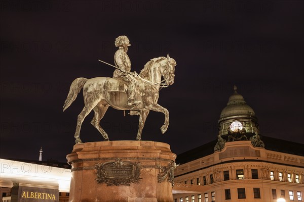 Monument, equestrian statue, Emperor Franz Josef I, in front of the Albertina, night shot, Vienna, Austria, Europe