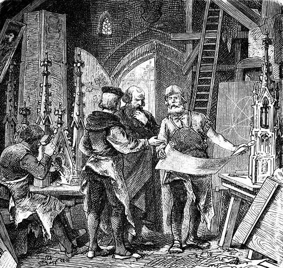 Master builder in the Middle Ages, craft, carpenter, stonemason, compass, ladder, interior, church building in the Christian Middle Ages, 9th to 15th century, historical illustration 1880