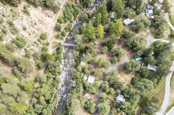 Arial view of campsite Giessen in the Binntal valley, Valais, Switzerland, Europe