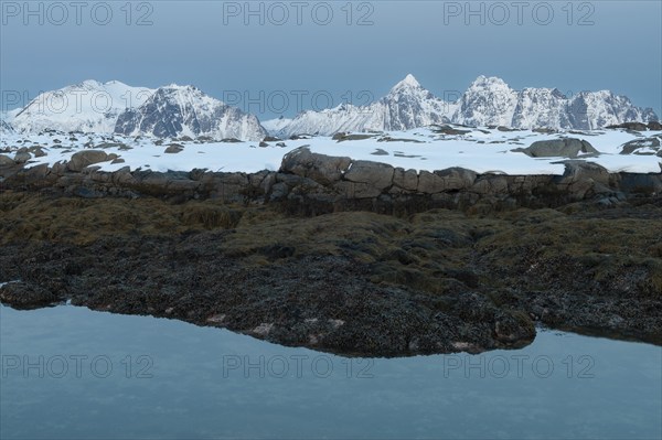 Lofoten Island Vestvågøya on the Gimsøystraumen fjord, Lofoten, Northern Norway, Norway, Europe