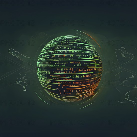 Illustration of an abstract, vibrant green colored rotating digital sphere with patterns resembling AI algorithms, surrounded by faint lines tracing athletic motions, AI generated