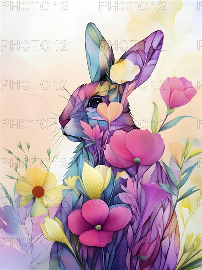 Abstract illustration of a bunny silhouette filled with a collage of spring flowers and vivid pastel colors, set against a soft background, AI generated