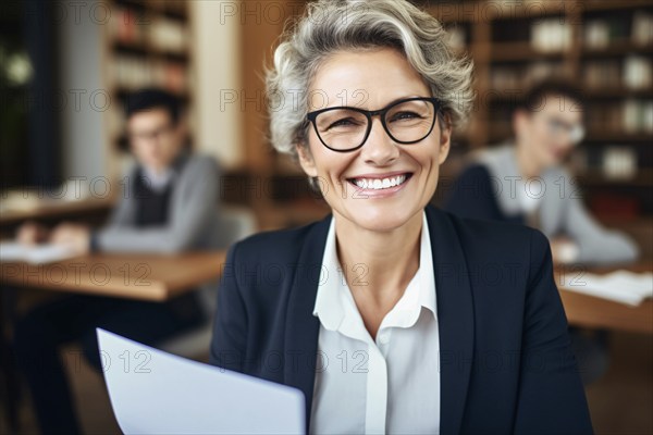 Smiling mature business woman or teacher with glasses. KI generiert, generiert, AI generated