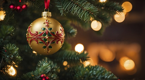 Christmas ornament hanging on a tree, with reflections of twinkling lights and fireplace flames flickering in the background, AI generated