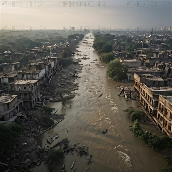 Aerial view showcases the extensive demolition within a mega city in massive water flood, AI generated