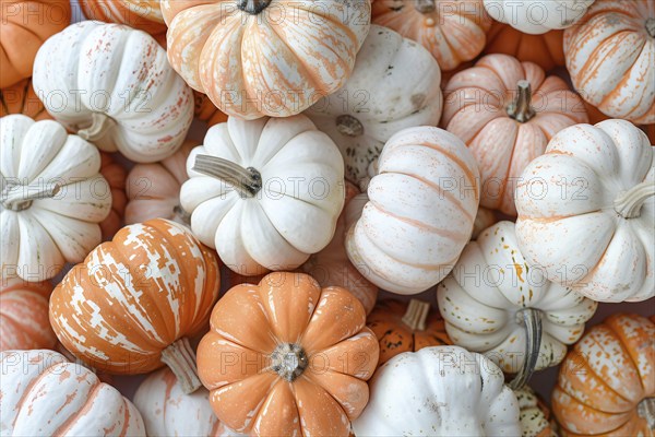 Top view of many small orange and white pumpkins. Generative Ai, AI generated