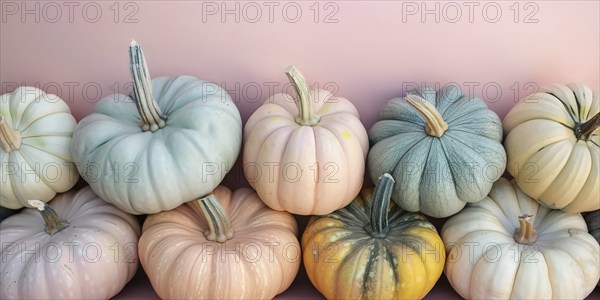 Large pastel colored pumpkins on pink background. Generative Ai, AI generated