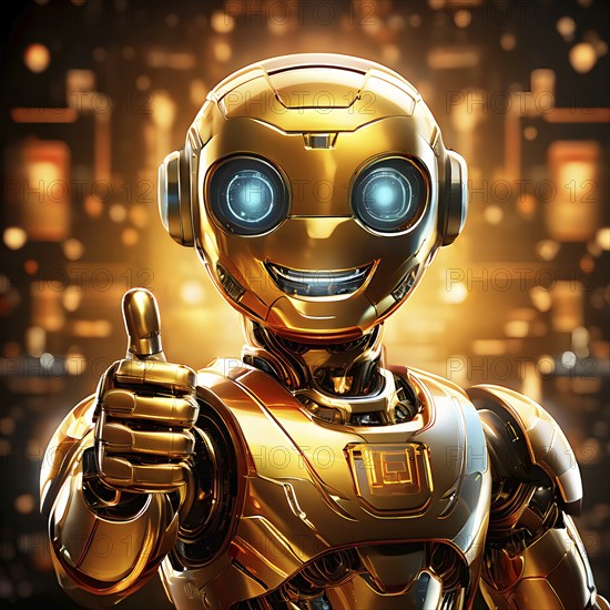 Friendly smiling golden robot with a thumb up symbolizing artificial intelligence, AI generated