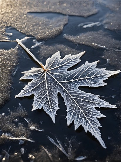 Delicate leaf resting on the surface of a frozen puddle, with intricate ice crystals forming beneath it, captured in soft, natural light, AI generated