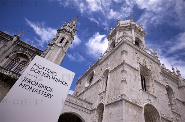 Sign for the Hieronymite monastery Mosteiro dos Jerónimos, also known as Mosteiro de Belém, Belém, Lisbon, Portugal, Europe