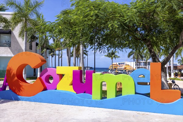 Big Cozumel Letters at the central plaza of San Miguel de Cozumel near ocean Malecon and Cancun ferry terminal