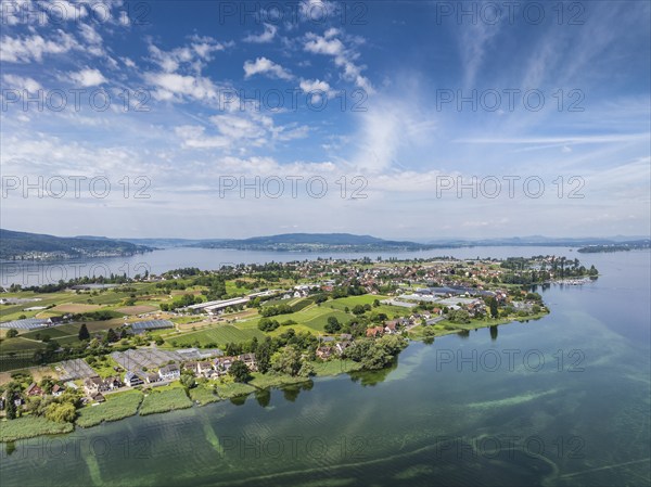 Aerial view of the island of Reichenau seen from the north, on the horizon from the left the Thurgau lake ridge, the Höri peninsula and the Mettnau peninsula near Radolfzell on Lake Constance, district of Constance, Baden-Württemberg, Germany, Europe