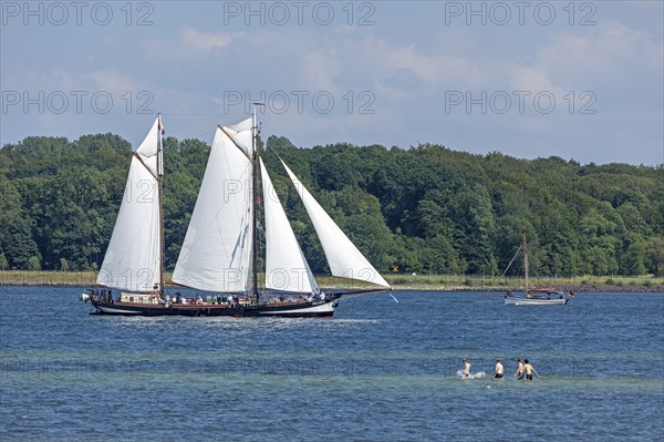 Sailing ship Pegasus, people in the water, Kieler Woche, Kiel Fjord, Kiel, Schleswig-Holstein, Germany, Europe