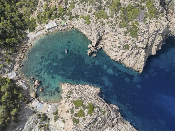 Aerial view of Cala de Es Portixol, Ibiza, Balearic Islands, Spain, Europe