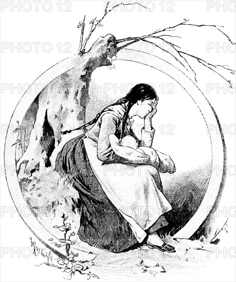 Pictures from the soldier's life, young woman with infant mourns for her soldier, man, baby, lap, crying, supporting head, tree, sitting, historical illustration 1890