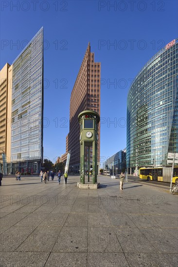 Replica and monument of the first traffic lights and skyscrapers Forum Tower, Kollhoff Tower and Railway Tower at Potsdamer Platz in Berlin, capital city, independent city, federal state of Berlin, Germany, Europe