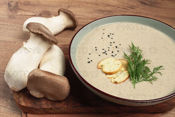 Mushroom cream soup, with dill and bruschetta, mushroom eringi