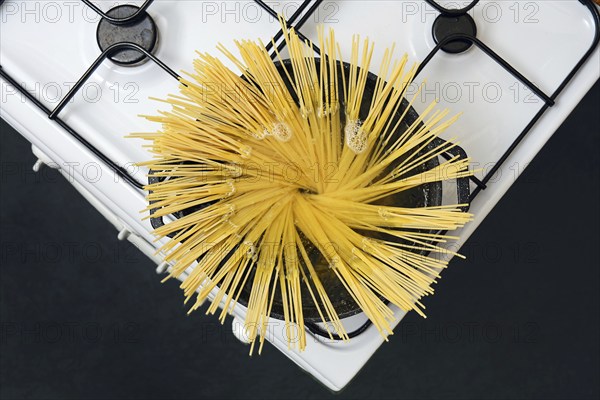 Top view of a pot with boiling water on the stove, with uncooked spaghetti noodles placed upright. Steam rises as the pasta prepares to soften in the warm water.