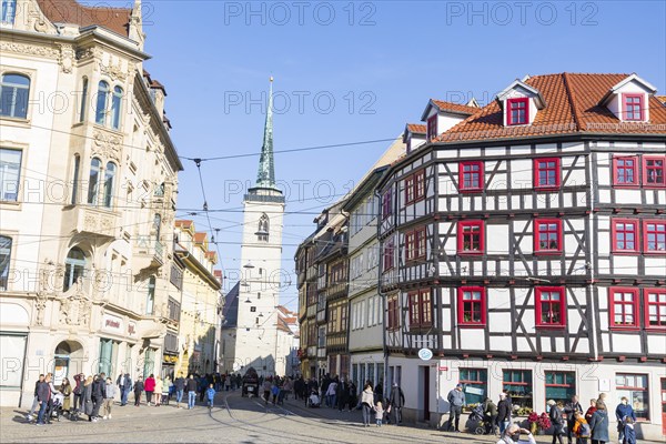 Houses on Cathedral Square View of Andreasstrasse View of All Saints' Church, Erfurt, Thuringia, Germany, Europe