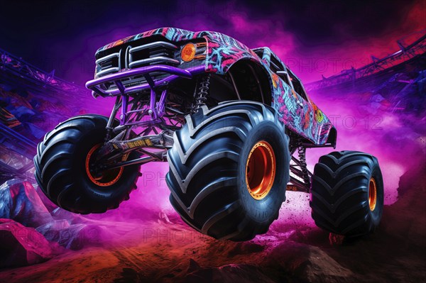 Monster truck with neon lighting, jumping off-road in cloud of dust. Excitement and thrill of an extreme sport, AI generated