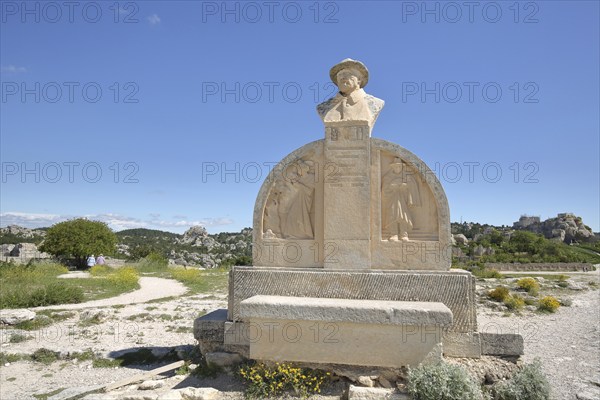 Monument to French writer Charloun Rieu, stone, inscription, bust, relief, plateau, mountain village, Les Baux-de-Provence, Alpilles, Alpilles, Bouches-du-Rhône, Provence, France, Europe