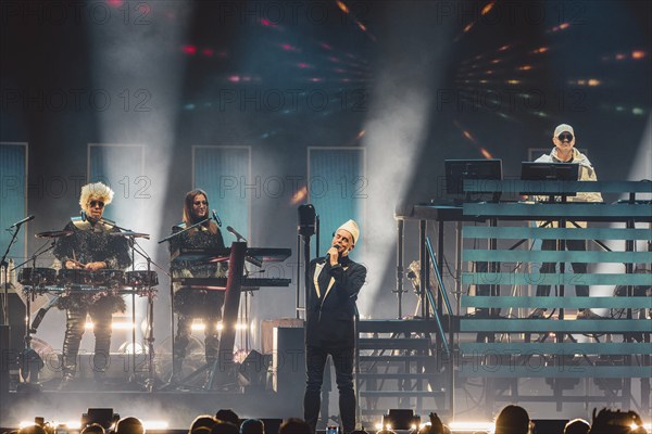 Neil Tennant (singer) and Chris Lowe (keyboarder) of the Pet Shop Boys live on Dreamworld: The Greatest Hits Live Tour at the Uber Arena Berlin on 06/07/2024