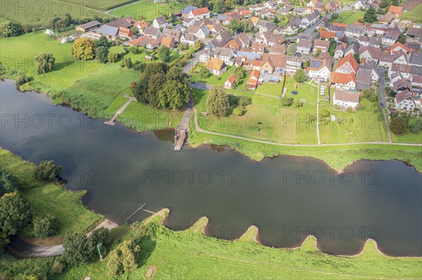 Aerial view of village Wahmbeck and the Weser river, traditional ferry, Weserbergland, Germany, Europe