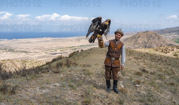 Traditional Kyrgyz eagle hunter hunting in the mountains in a dry landscape, near Kysyl-Suu, Issyk Kul, Kyrgyzstan, Asia