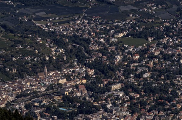 Aerial view of Merano, old town centre with St. Nicholas parish church, thermal baths, Hotel Therme Merano, Merano, Merano, South Tyrol, Autonomous Province of Bolzano, Italy, Europe