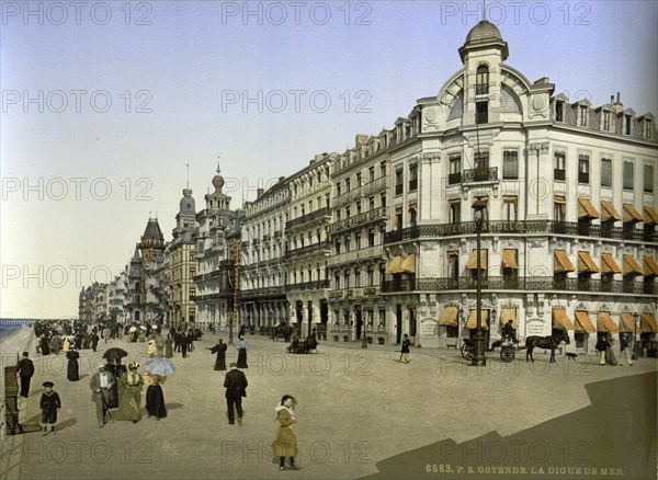 The dyke, beach promenade and Kursaal in Ostend, Belgium, ca 1895, Historical, digitally restored reproduction from a 19th century original, Record date not stated, Europe