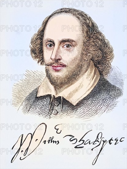 William Shakespeare 1564 to 1616, English poet, dramatist, playwright and actor. Portrait and signature, Historical, digitally restored reproduction from a 19th century original, Record date not stated