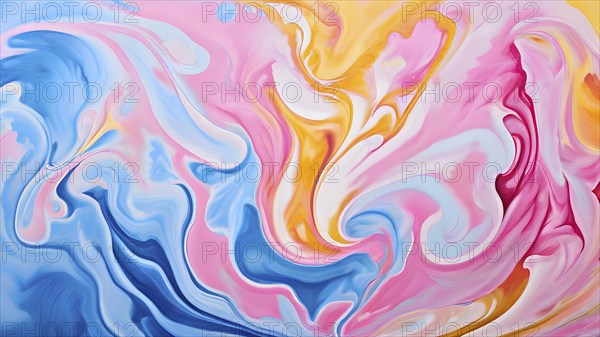 Abstract painting with fluid swirling pastel colors of pin, k blue and yellow, AI generated