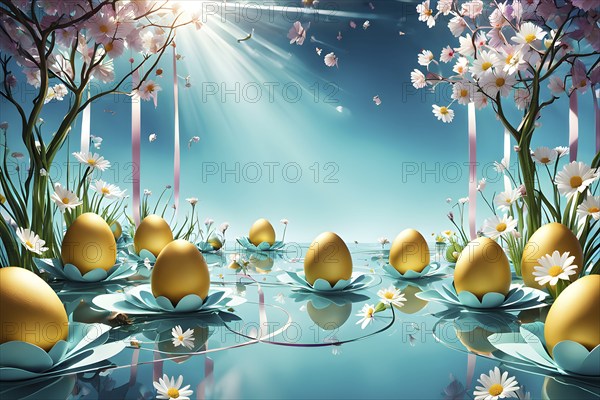 Surreal Easter scene with floating eggs, ribbons, and flowers in a dreamlike, whimsical composition of light and shadow, AI generated