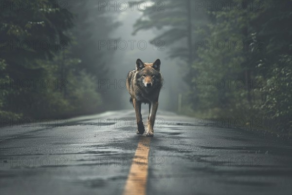 A wolf wanders through a wooded area along a country road, symbol image for herd protection, danger, killing by wolf attack, AI generated, AI generated, AI generated