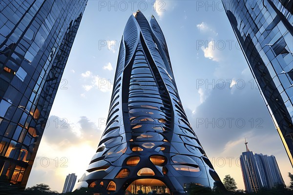 Futuristic skyscraper with termite mounds for natural ventilation and energy efficiency, AI generated