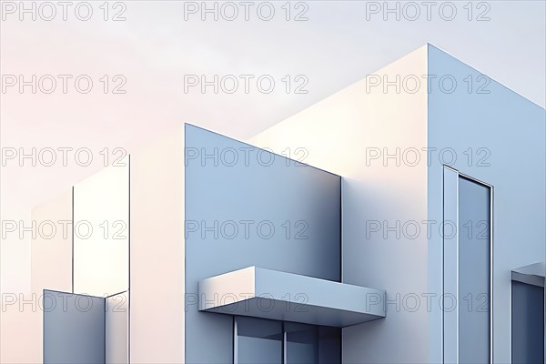 Minimalist architectural composition of modern buildings, with clean angles, rendered in geometric forms and soft hues of grey, cream, and light blue, AI generated