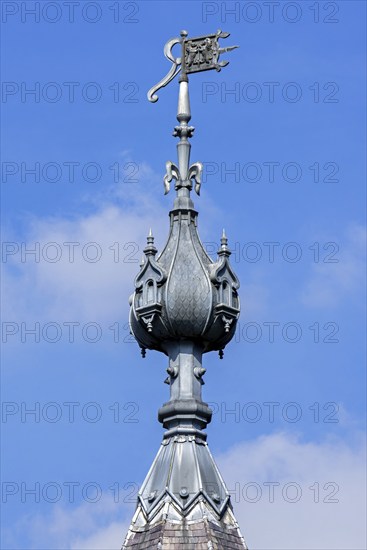 Spire with wind vane, weather vane on tower of the 1750 Poeke Castle, Kasteel van Poeke in Rococo style near Aalter, East Flanders, Belgium, Europe