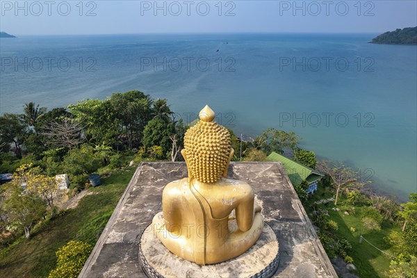 The big Buddha of Wat Ao Salat in the fishing village of Ban Ao Salad seen from the air, Ko Kut Island or Koh Kood Island in the Gulf of Thailand