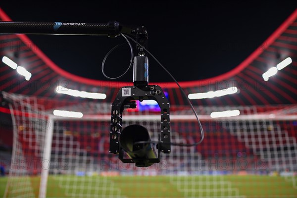 Backdoor camera, TV camera, HD BROADCAST, goal net, interior, Champions League, Allianz Arena, Munich, Bavaria, Germany, Europe