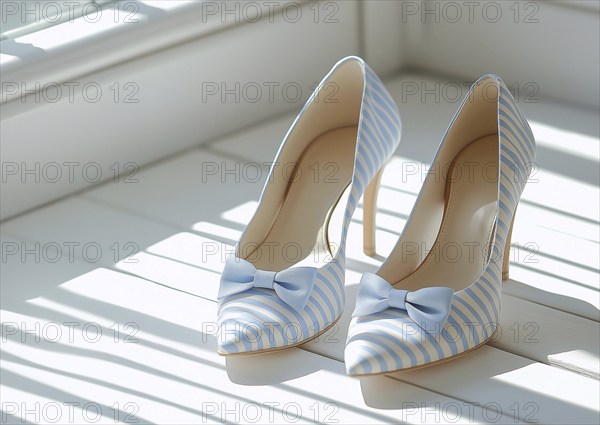 Close-up, two women's shoes, high heels, pastel colors, nautical style, on a white wooden floor, sunlight, no people, AI generated