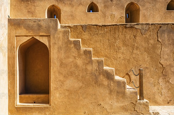 Staircase and embrasures in the palace fortress of Jabrin, Jabrin, near the city of Bahla, Arabian Peninsula, Sultanate of Oman