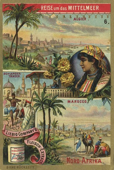 Picture series Journey around the Mediterranean, Algeria and Morocco, Liebig picture, digitally restored reproduction of a collector's picture from around 1900, public domain, exact date unknown, depiction of North Africa with exotic landscapes, dancers and North African architecture