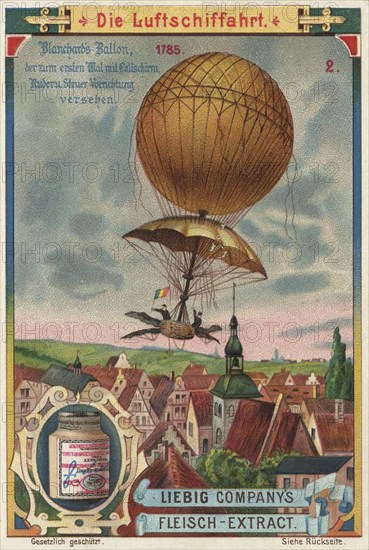 Series Die Luftschiffahrt, Luftschifffahrt, Blanchard's balloon, the first with parachute, rudder and steering device, 1785, Liebig picture, digitally restored reproduction of a collection picture from ca 1900, public domain, exact date unknown, picture of Blanchard's balloon from 1785 with a view of a town and a picturesque sky in the background