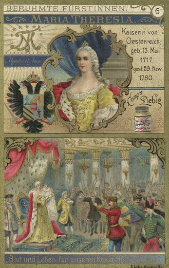 Picture series Famous Princesses, Maria Theresa, Empress of Austria, Liebig picture, digitally restored reproduction of a collector's picture from around 1900, public domain, exact date unknown, Empress Maria Theresa surrounded by nobility and court in a royal ceremony of the 18th century