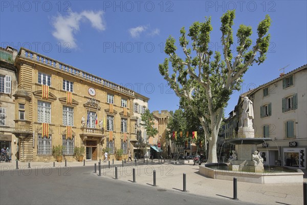 Town hall with flags and fountain with monument to engineer Adam de Craponne, Hôtel de Ville, Salon-de-Provence, Bouches-du-Rhône, Provence, France, Europe