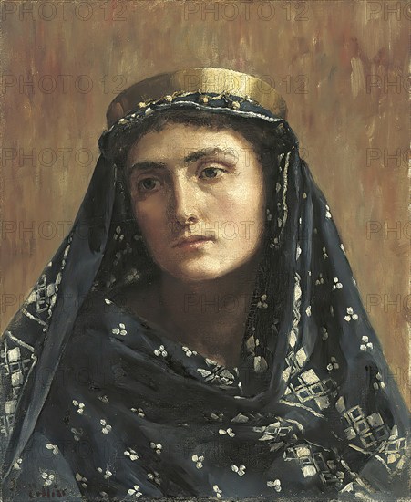 A portrait of a woman with a veil and golden headdress, looking thoughtfully into the distance. portrait of a lady in eastern dress, Portrait of a lady in oriental dress, Painting by John Maler Collier (28 January 1850, 11 April 1934), British writer and painter, Historic, digitally restored reproduction from a 19th century original, Record date not stated