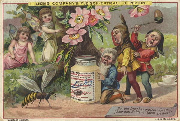 Picture series Elves and gnomes, help a dragon, dwarves hide from a wasp, Liebig picture, digitally restored reproduction of a collector's picture from ca 1900, public domain, exact date unknown, children and dwarves interact while a bee flies through flowers